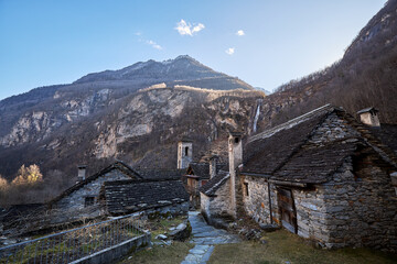 View of the old stone houses in the small Swiss village of Foroglio.