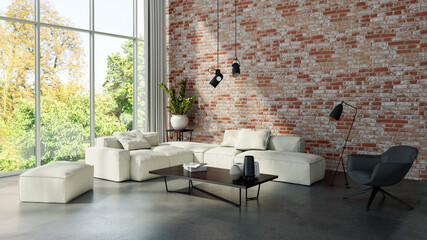 Large luxury modern bright interiors Living room mockup illustration 3D rendering computer digitally generated image