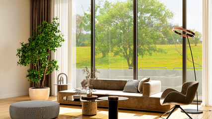 Large luxury modern bright interiors Living room mockup illustration 3D rendering computer digitally generated image