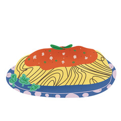 Fresh made red bolognese Spaghetti on cue polka dots plate