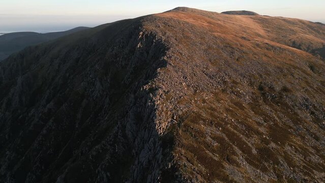 Morning aerial view of Pen yr Ole Wen mountain in Snowdonia