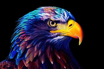 Colorful eagle paints on a black background. Created with generative AI.