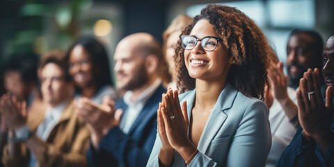 Group of people applauding together in business meeting