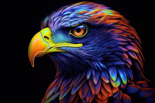 Colorful eagle paints on a black background. Created with generative AI.