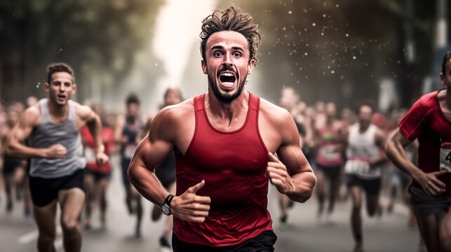 A marathon runner runs in the middle of the pack, striving for success.