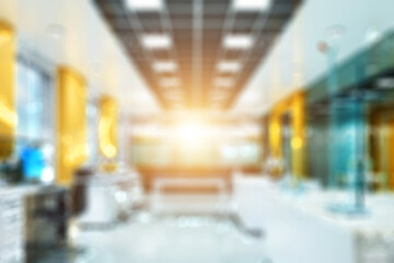 Fototapeta premium Blurred business background MODERN DEFOCUSED INTERIOR WITH CITY LIGHTS REFLECTIONS