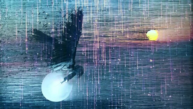 Winged ideas. Flying light bulb in cloudy sky