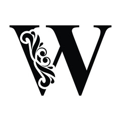 capital  letter W. Black flower alphabet. Beautiful capital letters with shadow