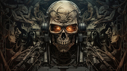 Human skull rests at the heart of a malevolent AI mechanism. The sinister creation, crafted by artificial intelligence, signifies the potential dangers of unchecked technology.