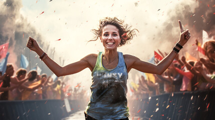 She triumphantly sprints across the finish line of her marathon, the crowd cheering for her accomplishment.
