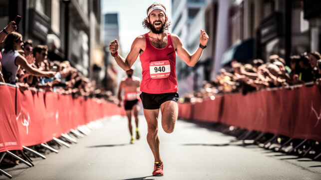 He crosses the finish line, triumphant after a long marathon.