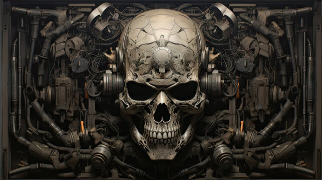 Human skull rests at the heart of a malevolent AI mechanism. The sinister creation, crafted by artificial intelligence, signifies the potential dangers of unchecked technology.