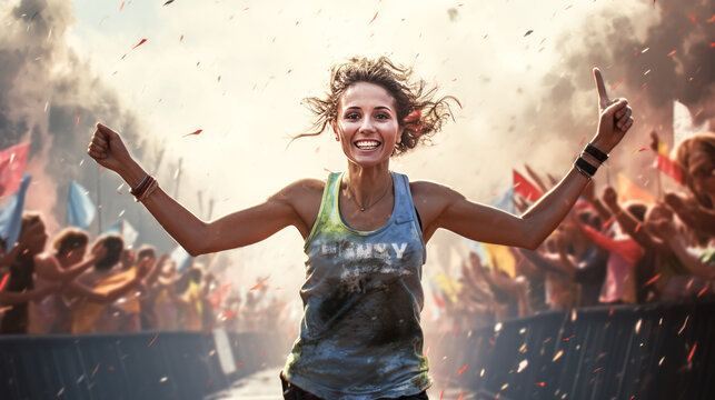 She triumphantly sprints across the finish line of her marathon, the crowd cheering for her accomplishment.
