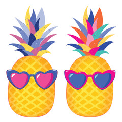 Cute summer pineapple with heart shaped glasses and colorful leaves on a white background, Tropical pineapple 
