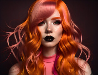 Fototapeta premium Girl with long wavy orange red hair and black lipstick