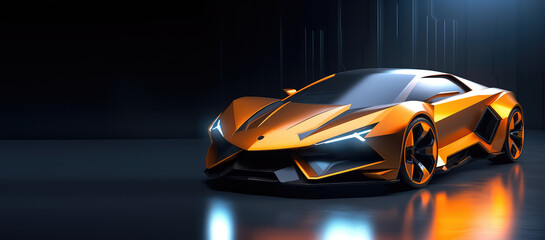 Fototapeta na wymiar Unbranded generic sports car of the future isolated on dark background with copy space. Banner template for automotive innovation, premium cars. Generative AI 3d render.