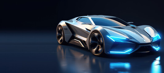 Obraz na płótnie Canvas Unbranded generic sports car of the future isolated on dark background with copy space. Banner template for automotive innovation, premium cars. Generative AI 3d render.