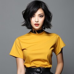 Fototapeta premium Illustration of a fashion portrait with plain t-shirt mockup&nbsp;, AI Generated