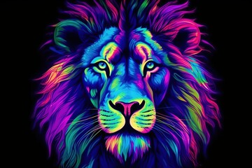 Plakat A Colorful lion painting on a black background. Created with generative AI.