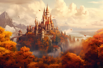 Generative AI illustrations, a castle in the middle of a lake, in the golden autumn. High quality illustration