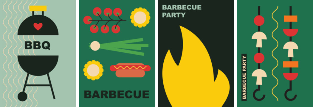 Barbecue backgrounds. Summer outdoor picnic, grill barbecue, vegetables. BBQ party set of vector illustrations.