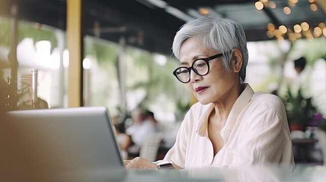 Concentrated elderly woman in white shirt looking to side and working on laptop in cafe , serene and carefree atmosphere