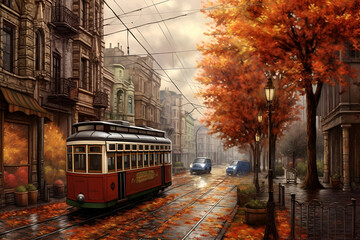 Generative AI illustrations, Rainy city street people silhouette. Rainy weather season Autumn leaves on window rain drops. High quality photo