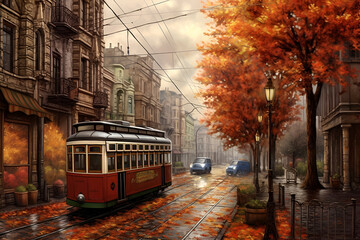 Obraz premium Generative AI illustrations, Rainy city street people silhouette. Rainy weather season Autumn leaves on window rain drops. High quality photo