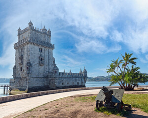 Belem Tower (or the Tower of St Vincent) on bank of Tagus River in Lisbon, Portugal. Built between...