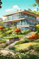 City real estate photography showcases modern house with lovely garden. (Illustration, Generative AI)