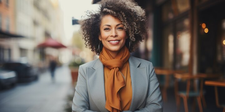 Smiling elegant attractive black mature businesswoman looking at the camera