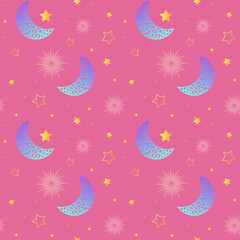 Seamless star pattern ornament with stars and shining moon on pink cartoon style background. Vector Illustration. Design for print, background, greeting card, packaging, cover, fabric, wrapping paper