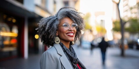 Fototapeta premium Smiling elegant attractive black mature businesswoman looking away