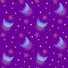 Seamless ornament pattern with stars and a shining moon on a purple background in a cartoon style. Vector illustration. Design for print, fabric, wallpaper, background, postcard.
