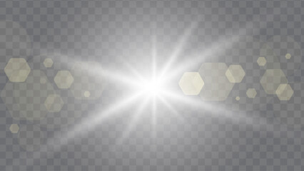 Flash light with rays and spotlight on transparent background.  Shining sun glare, vector illustration of lens flash. Vector clear sunlight, special lens flash effect. Glare 