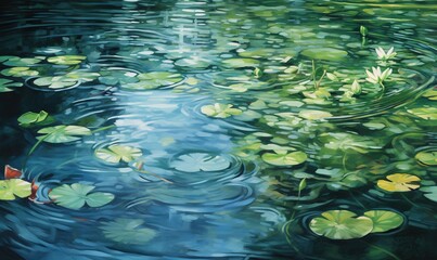  a painting of water lilies and lily pads in a pond.  generative ai