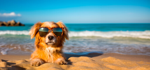Cute dog in sunglasses is laying on the beach near the sea. Summer background with copy space. Generative AI
