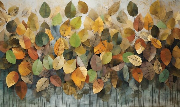 a painting of a group of leaves on a white wall.  generative ai