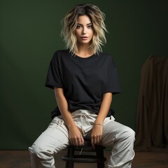 Obraz premium Illustration of a fashion portrait with plain t-shirt mockup&nbsp;, AI Generated
