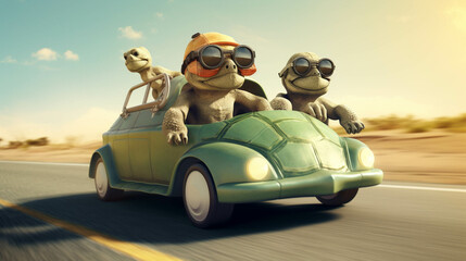 Turtle friends driving with a car. generative Ai.