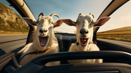 Funny Goats driving with a car. generative AI.