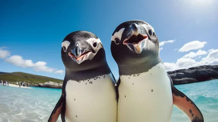 Poster Penguin friends taking a selfie on vacation. Generative AI. © s1llu