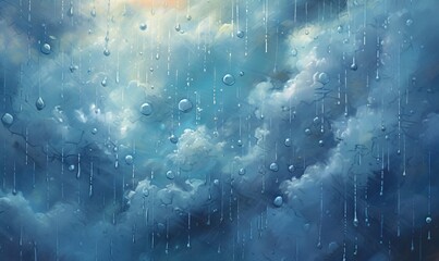  a painting of rain falling down on a cloudy blue sky.  generative ai