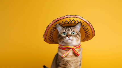 cat with a mexican sombrero party hat celebrating. isolated colorful background. Empty copy space for text. Generative AI.
