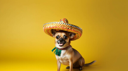 Dog with a mexican sombrero party hat celebrating. isolated colorful background. Empty copy space for text. Generative AI.