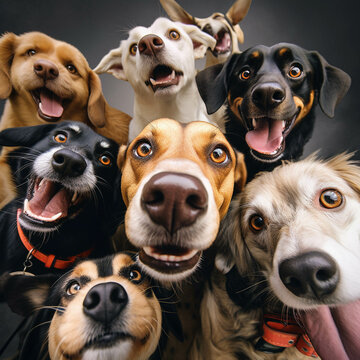 Dog Friends Taking a selfie on a solid background. Generative AI.