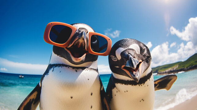Penguin friends taking a selfie on vacation. Generative AI.