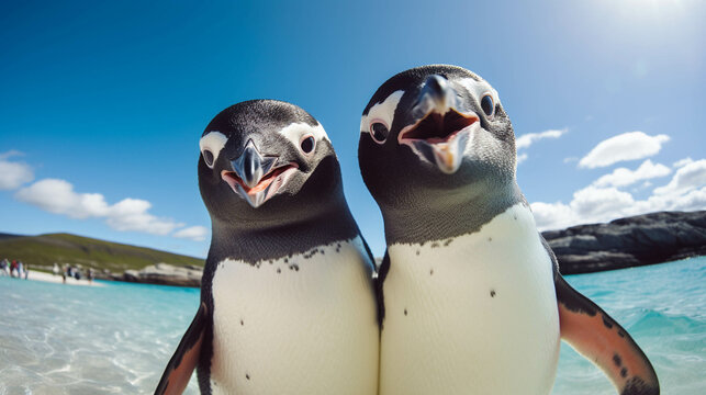 Penguin friends taking a selfie on vacation. Generative AI.