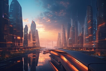 The futuristic city of the future on the alien planet with skyscrapers. Generative AI