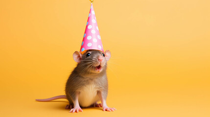 Fototapeta na wymiar rat with a party hat celebrating. isolated colorful background. Empty copy space for text. Generative AI.